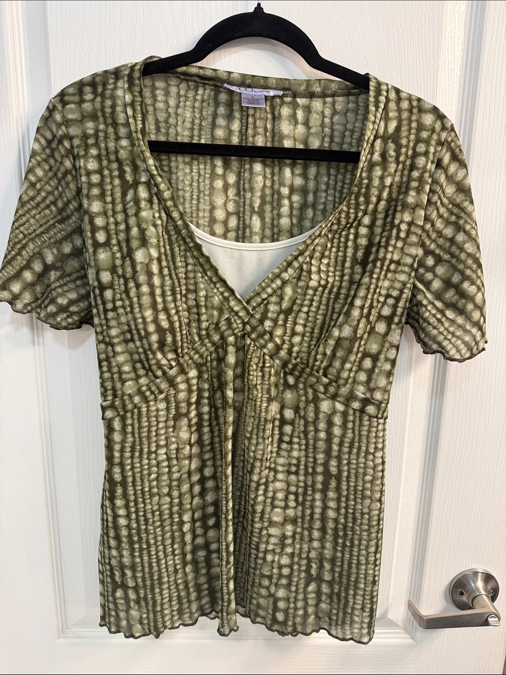 Nine & Co. Olive Green Tie-Dye Faux Wrap Top with Built-In Cami
